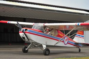 Don Coleman leaving hangar with Dakota Hawk on first flight after rebuild 1 July 2016